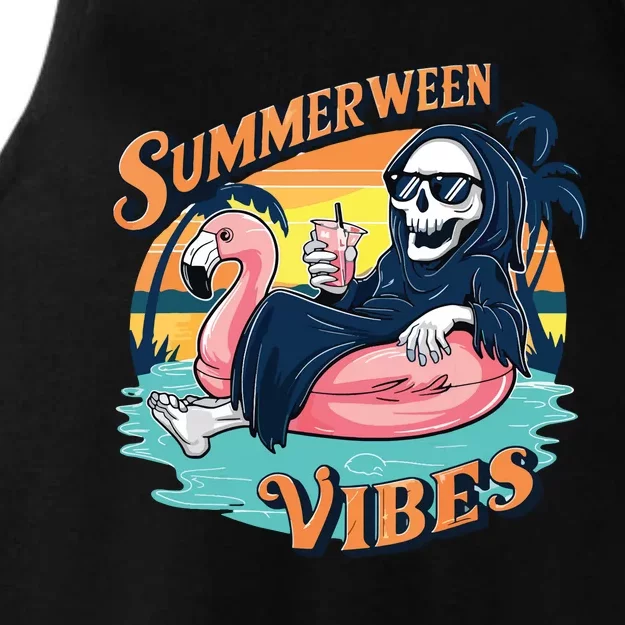 Summerween Vibes Skeleton Flamingo Float Summer Halloween Ladies Tri-Blend Wicking Tank