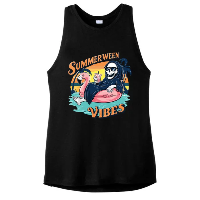 Summerween Vibes Skeleton Flamingo Float Summer Halloween Ladies Tri-Blend Wicking Tank