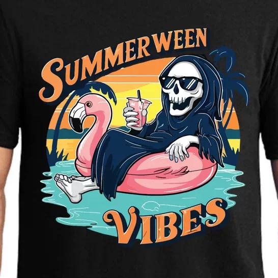 Summerween Vibes Skeleton Flamingo Float Summer Halloween Pajama Set