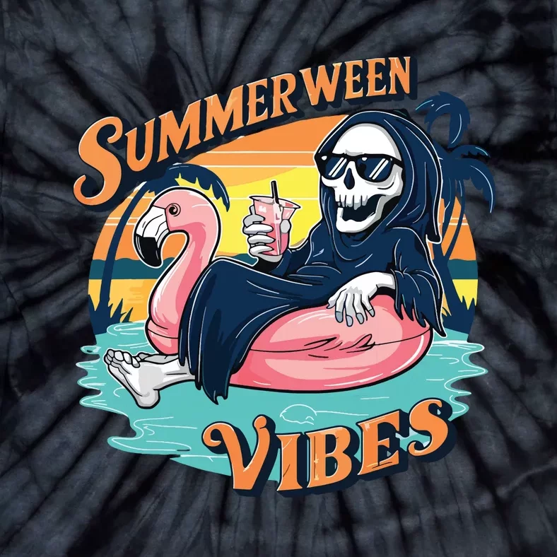 Summerween Vibes Skeleton Flamingo Float Summer Halloween Tie-Dye T-Shirt