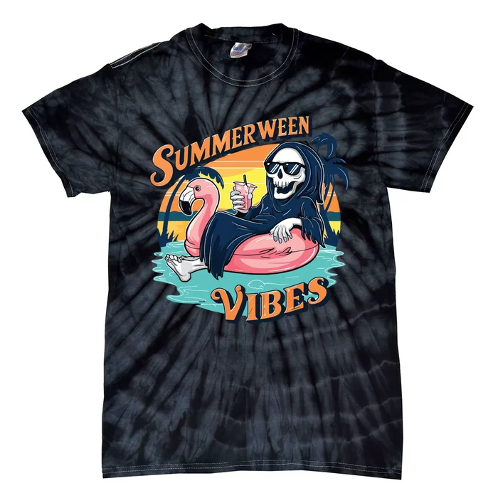 Summerween Vibes Skeleton Flamingo Float Summer Halloween Tie-Dye T-Shirt