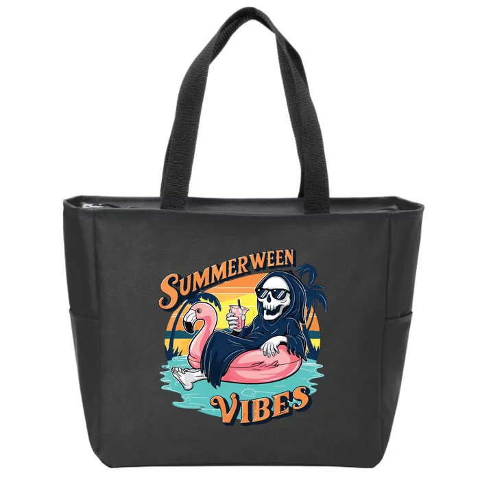 Summerween Vibes Skeleton Flamingo Float Summer Halloween Zip Tote Bag