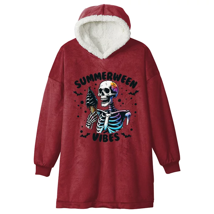 Summerween Vibes Skeleton Ice Cream Summer Vacation Funny Gift Hooded Wearable Blanket