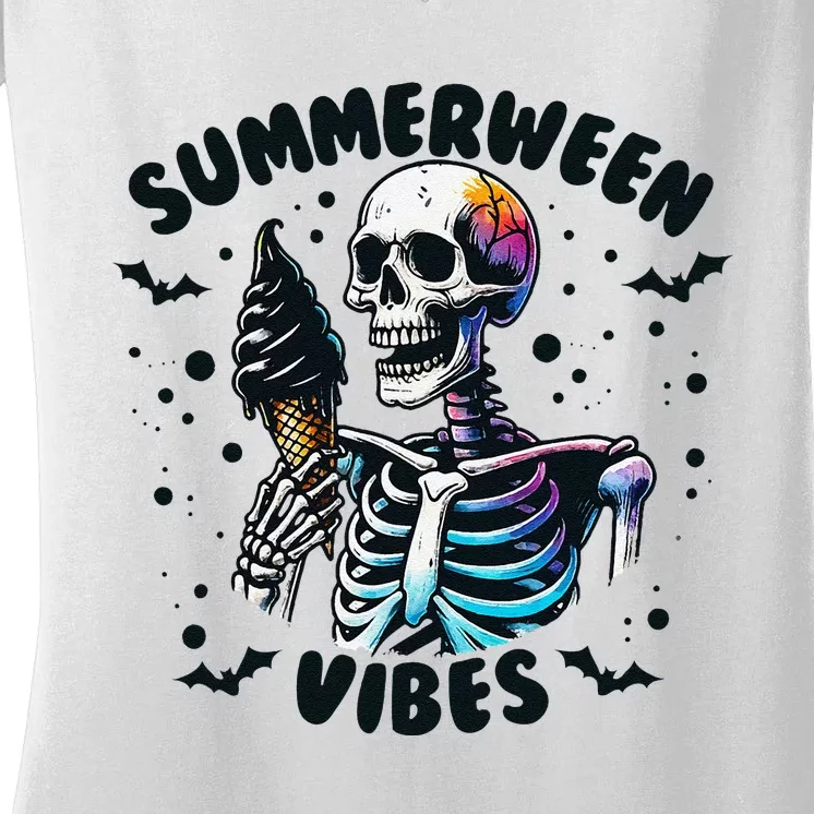 Summerween Vibes Skeleton Ice Cream Summer Vacation Funny Gift Women's V-Neck T-Shirt