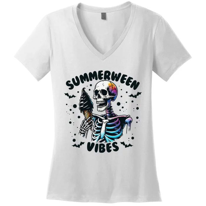 Summerween Vibes Skeleton Ice Cream Summer Vacation Funny Gift Women's V-Neck T-Shirt