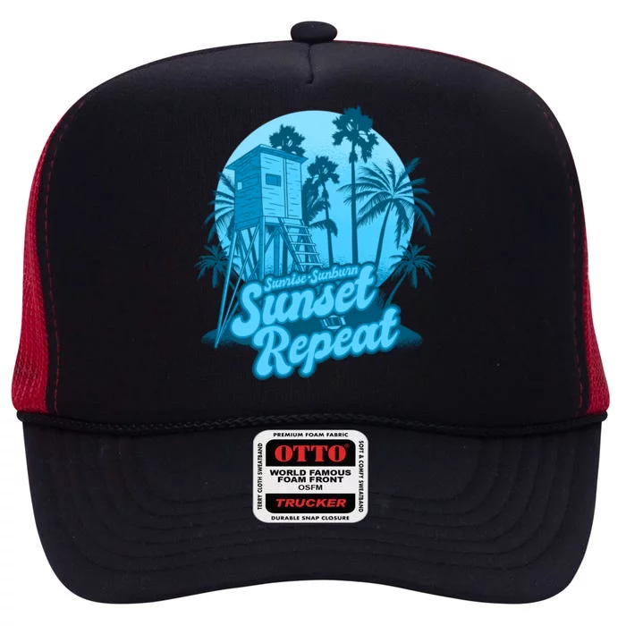 Summer Vacation Sunrise Sunburn Sunset Repeat Gift High Crown Mesh Trucker Hat