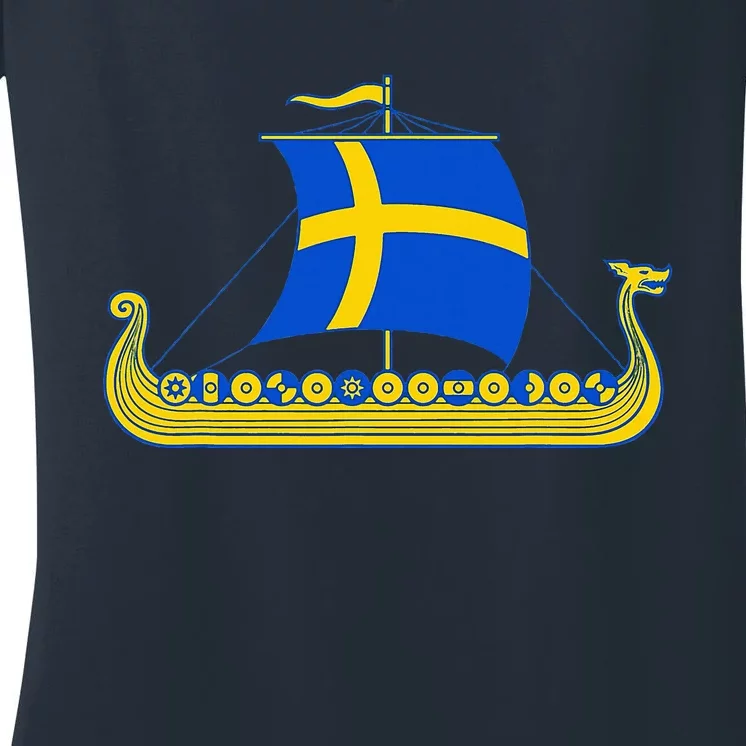 Swedish Viking Ship Sverige Sweden Flag Boat Viking Women's V-Neck T-Shirt