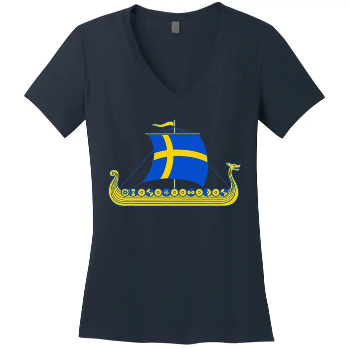 Swedish Viking Ship Sverige Sweden Flag Boat Viking Women's V-Neck T-Shirt