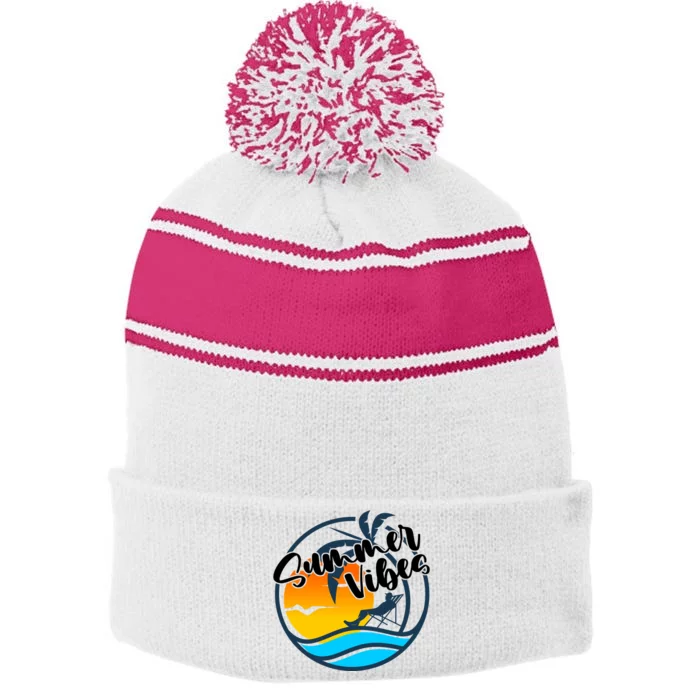 Summer Vibes Sunset Beach Tropical Stripe Pom Pom Beanie