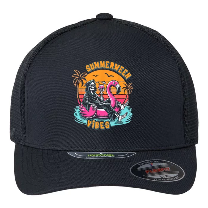 Summerween Vibes Skeleton Flamingo Spooky Halloween Summer Flexfit Unipanel Trucker Cap