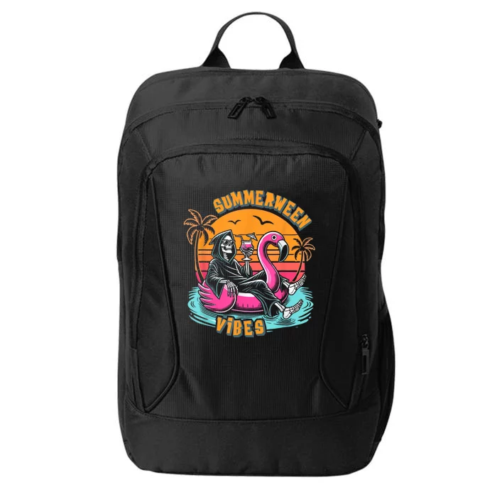 Summerween Vibes Skeleton Flamingo Spooky Halloween Summer City Backpack