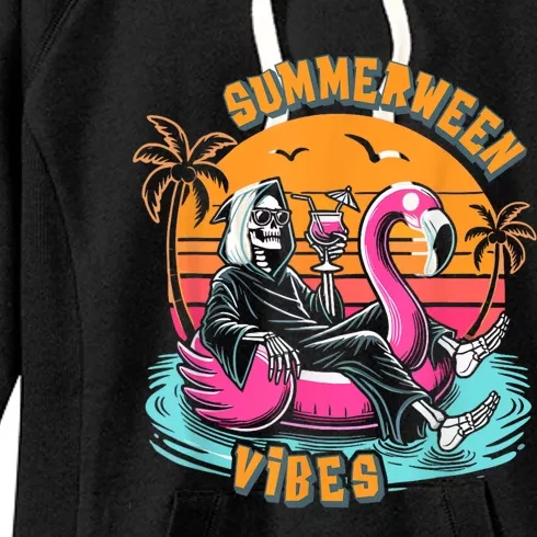 Summerween Vibes Skeleton Flamingo Spooky Halloween Summer Women's Fleece Hoodie