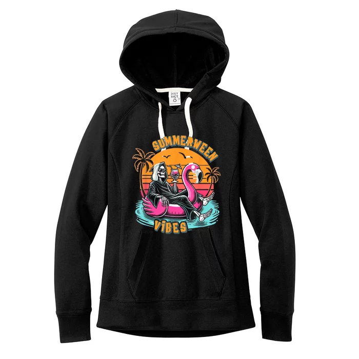 Summerween Vibes Skeleton Flamingo Spooky Halloween Summer Women's Fleece Hoodie