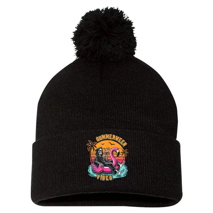 Summerween Vibes Skeleton Flamingo Spooky Halloween Summer Pom Pom 12in Knit Beanie