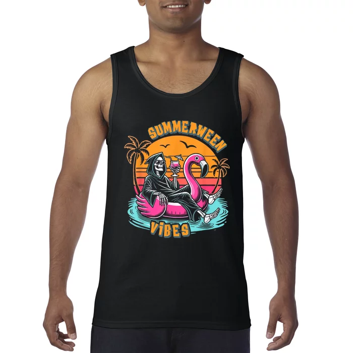 Summerween Vibes Skeleton Flamingo Spooky Halloween Summer Tank Top