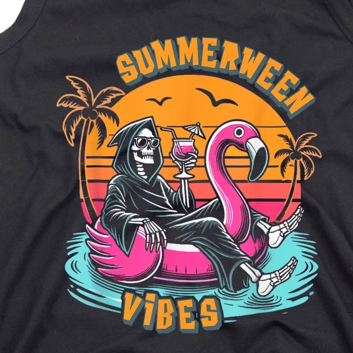 Summerween Vibes Skeleton Flamingo Spooky Halloween Summer Tank Top