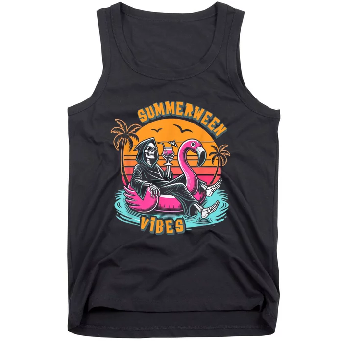 Summerween Vibes Skeleton Flamingo Spooky Halloween Summer Tank Top