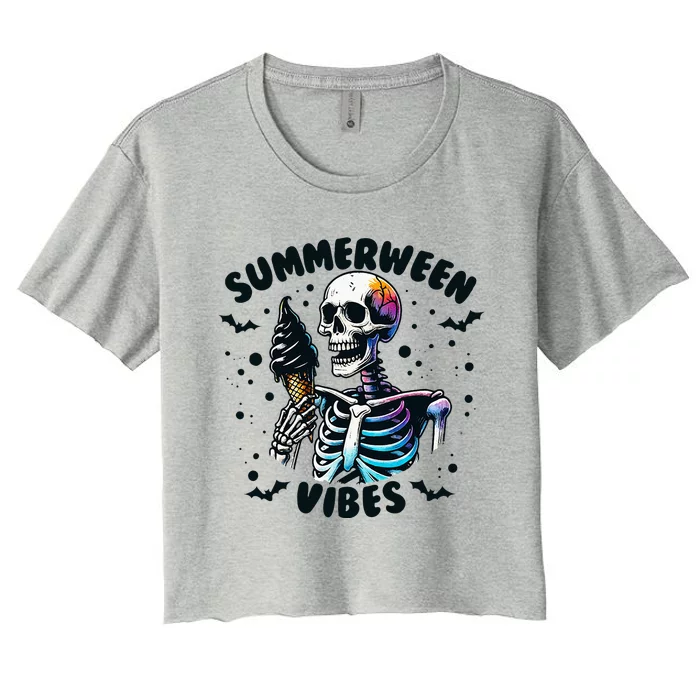 Summerween Vibes Skeleton Ice Cream Summer Vacation Women's Crop Top Tee