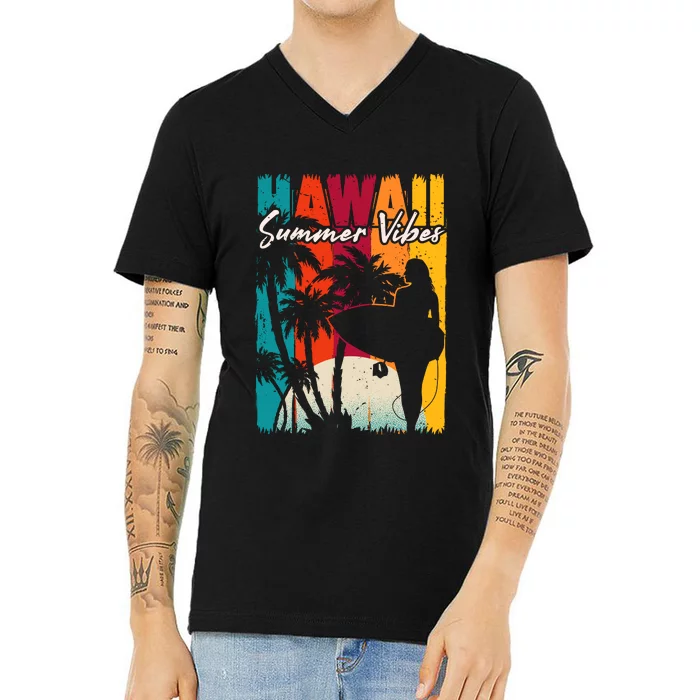 Surfing Vintage Tropical Plam Beach Hawaii Summer Gift V-Neck T-Shirt