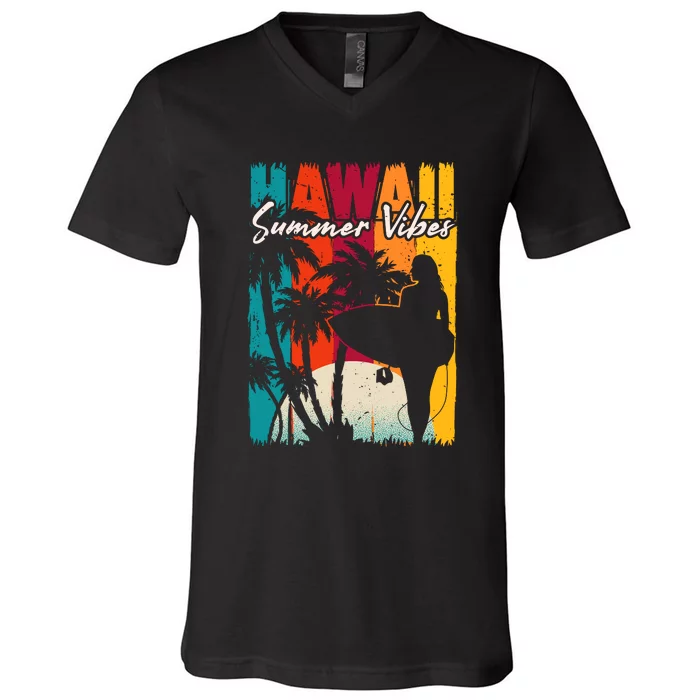 Surfing Vintage Tropical Plam Beach Hawaii Summer Gift V-Neck T-Shirt