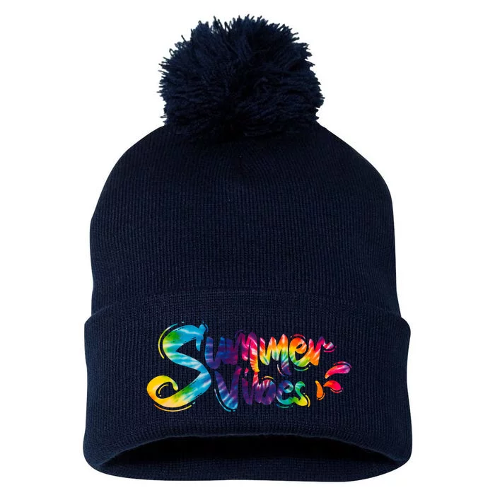 Summer Vibes Tie Dye Rainbow Pom Pom 12in Knit Beanie