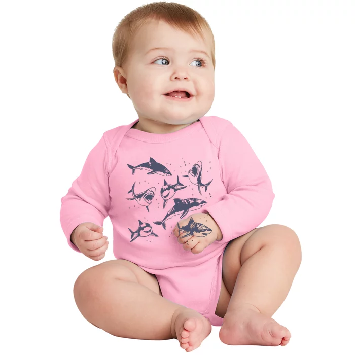 Sharks Vintage Tattoo Style Baby Long Sleeve Bodysuit