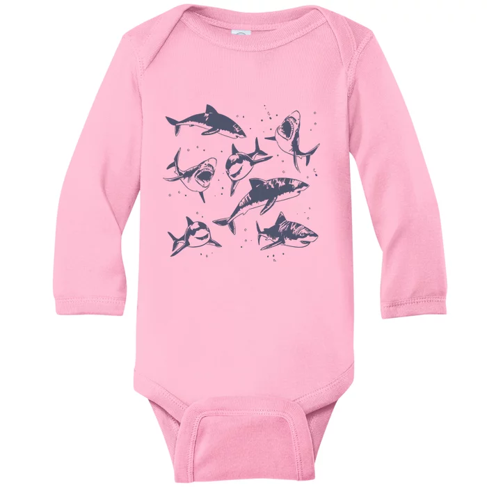 Sharks Vintage Tattoo Style Baby Long Sleeve Bodysuit