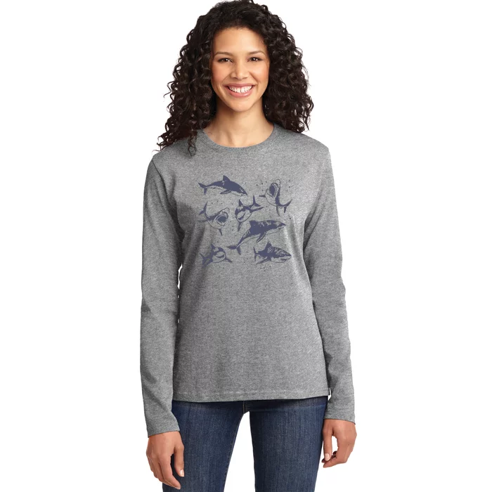 Sharks Vintage Tattoo Style Ladies Long Sleeve Shirt