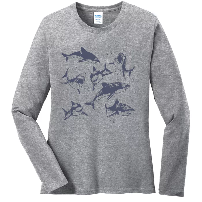 Sharks Vintage Tattoo Style Ladies Long Sleeve Shirt