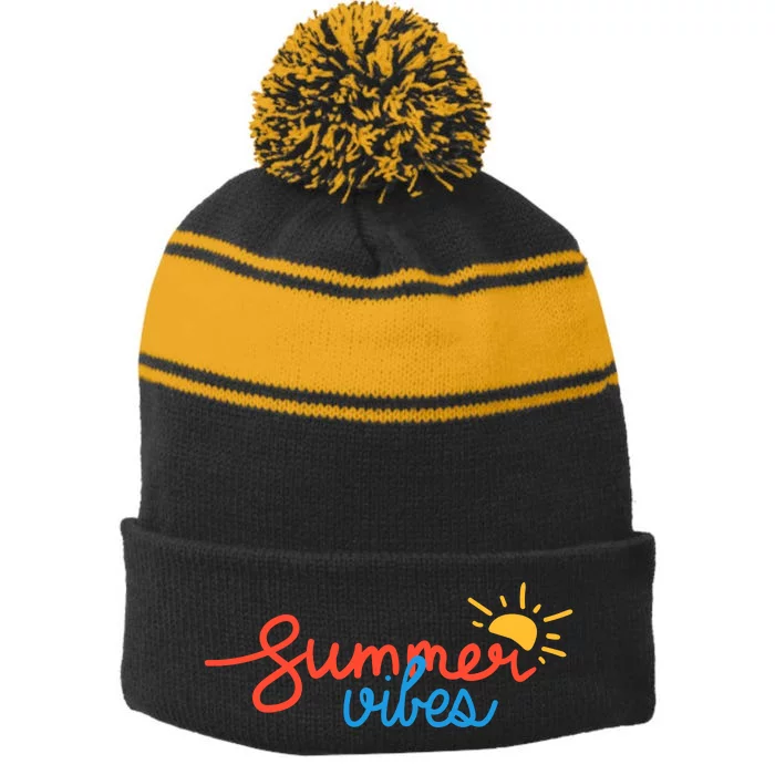 Summer Vibes Vacation Fun Stripe Pom Pom Beanie