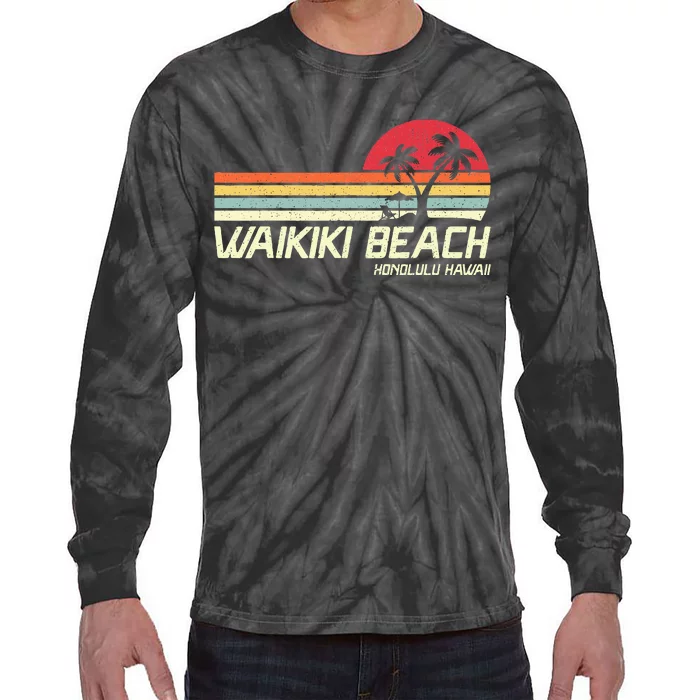 Summer Vacation Vintage Honolulu Hawaii Waikiki Beach Tie-Dye Long Sleeve Shirt