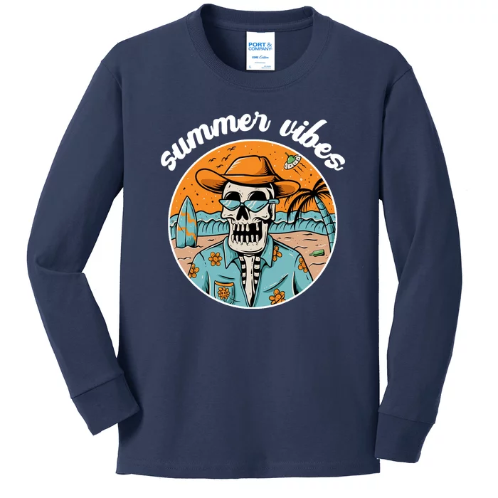 Summer Vibes Vintage Retro Skeleton Kids Long Sleeve Shirt