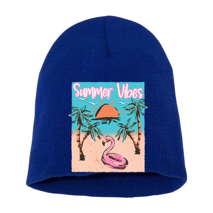 Summer Vibes Vacay Beach Flamingo Vacation Gift Short Acrylic Beanie