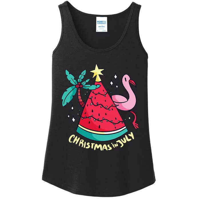 Summer Vacation Watermelon Christmas Tree Christmas In July Ladies Essential Tank