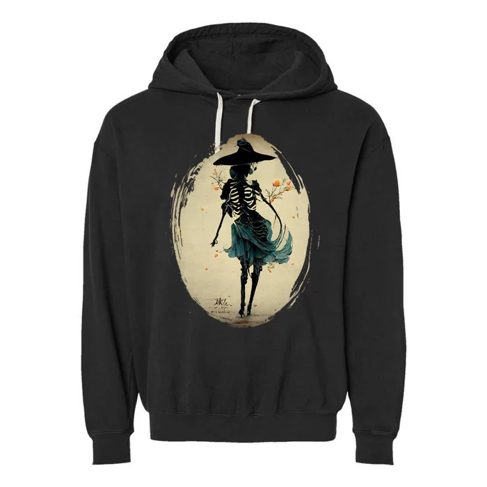 Spooky Vintage Witch Skeleton Dancing Happy Halloween Gift Garment-Dyed Fleece Hoodie