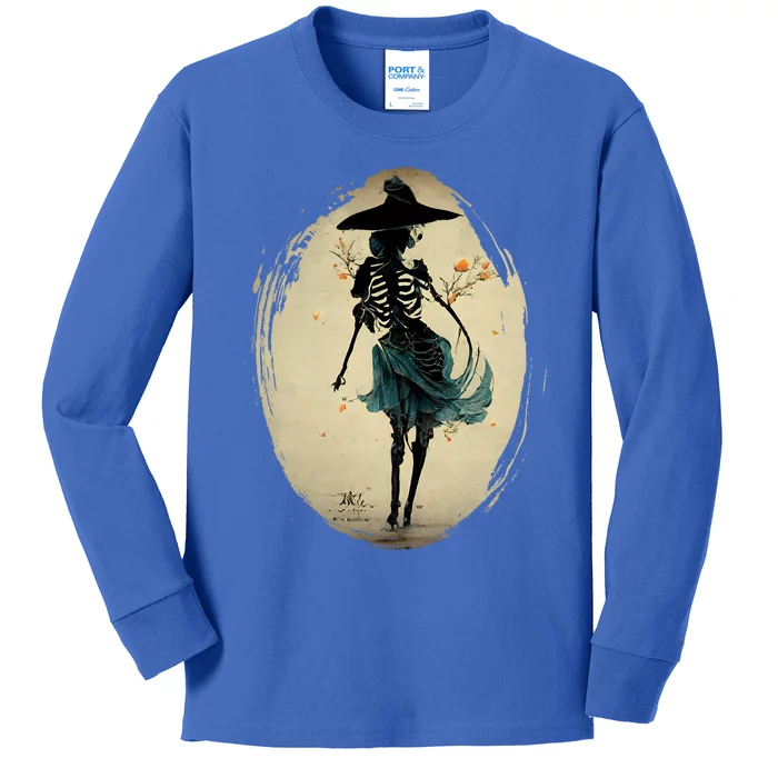 Spooky Vintage Witch Skeleton Dancing Happy Halloween Gift Kids Long Sleeve Shirt