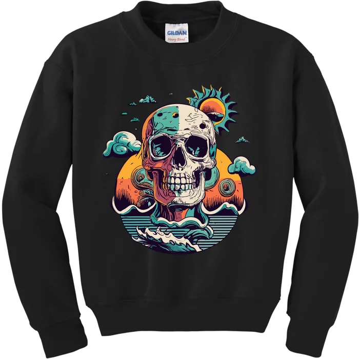 SKULL Waves And Sun Kids Sweatshirt