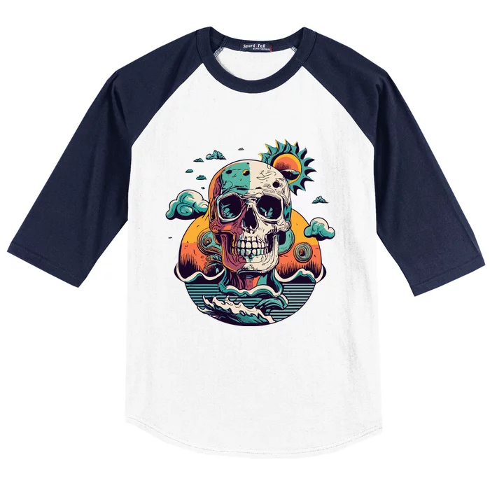 SKULL Waves And Sun Baseball Sleeve Shirt