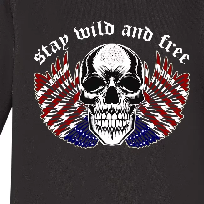 Stay Wild And Free | American Skull Flag Baby Long Sleeve Bodysuit