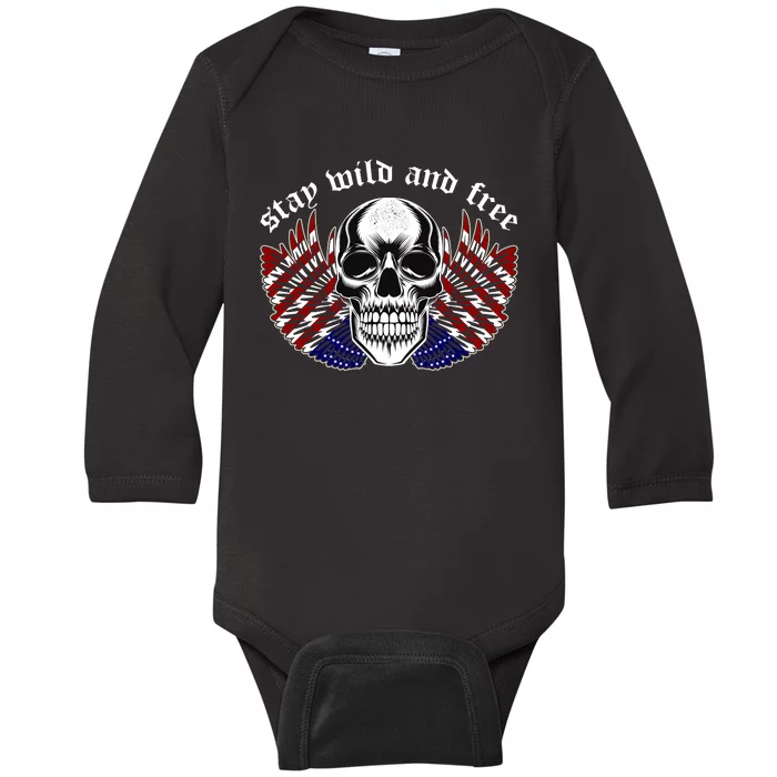 Stay Wild And Free | American Skull Flag Baby Long Sleeve Bodysuit