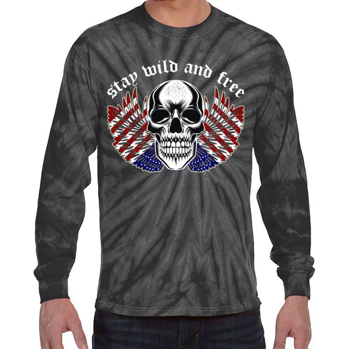 Stay Wild And Free | American Skull Flag Tie-Dye Long Sleeve Shirt