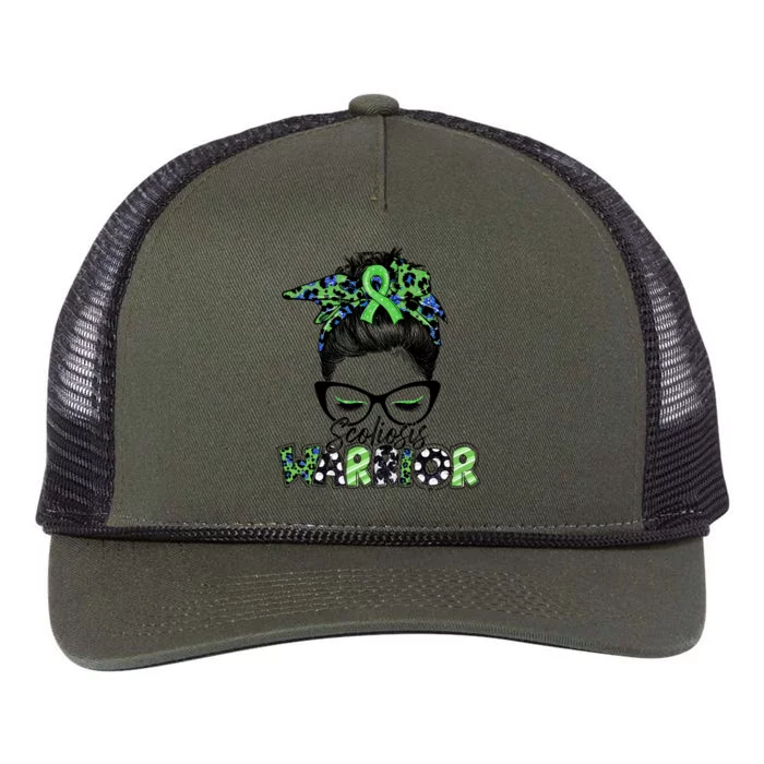 Scoliosis Warrior Awareness Messy Bun Green Ribbon In June Retro Rope Trucker Hat Cap