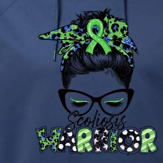 Scoliosis Warrior Awareness Messy Bun Green Ribbon In June Performance Fleece Hoodie