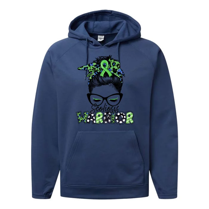 Scoliosis Warrior Awareness Messy Bun Green Ribbon In June Performance Fleece Hoodie