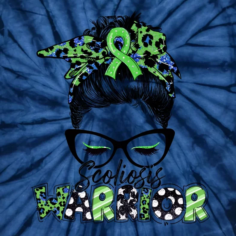 Scoliosis Warrior Awareness Messy Bun Green Ribbon In June Tie-Dye T-Shirt