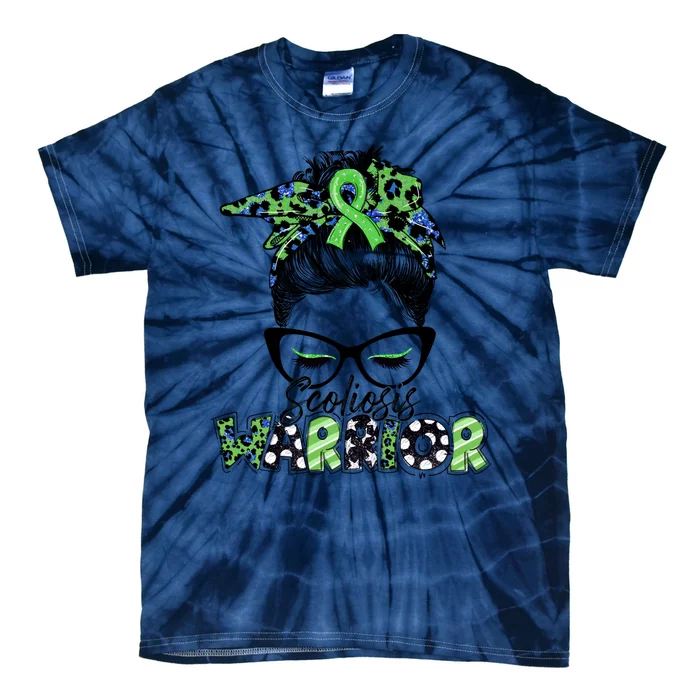 Scoliosis Warrior Awareness Messy Bun Green Ribbon In June Tie-Dye T-Shirt