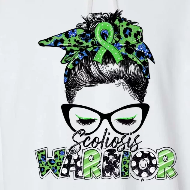 Scoliosis Warrior Awareness Messy Bun Green Ribbon In June Garment-Dyed Fleece Hoodie