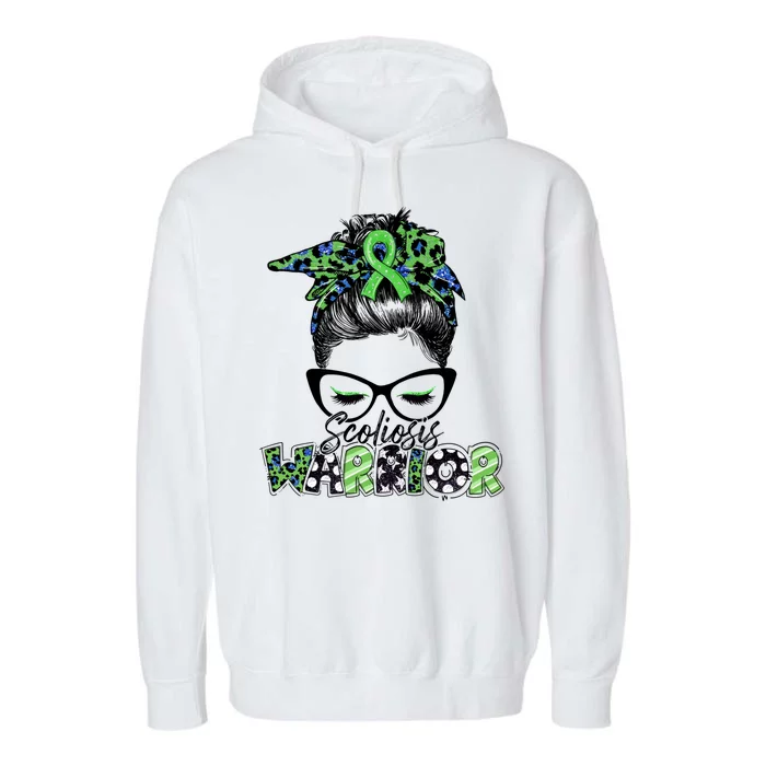 Scoliosis Warrior Awareness Messy Bun Green Ribbon In June Garment-Dyed Fleece Hoodie