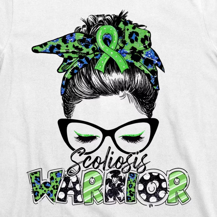 Scoliosis Warrior Awareness Messy Bun Green Ribbon In June T-Shirt