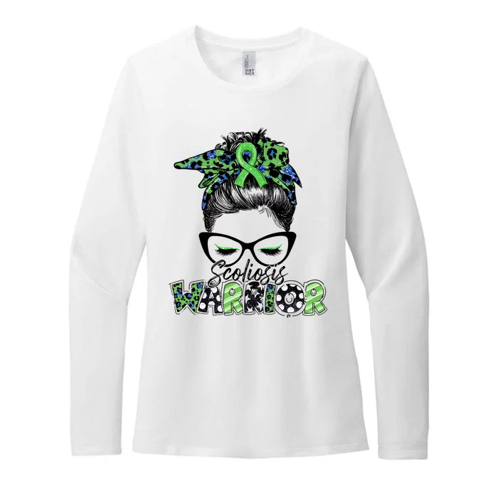 Scoliosis Warrior Awareness Messy Bun Green Ribbon In June Womens CVC Long Sleeve Shirt